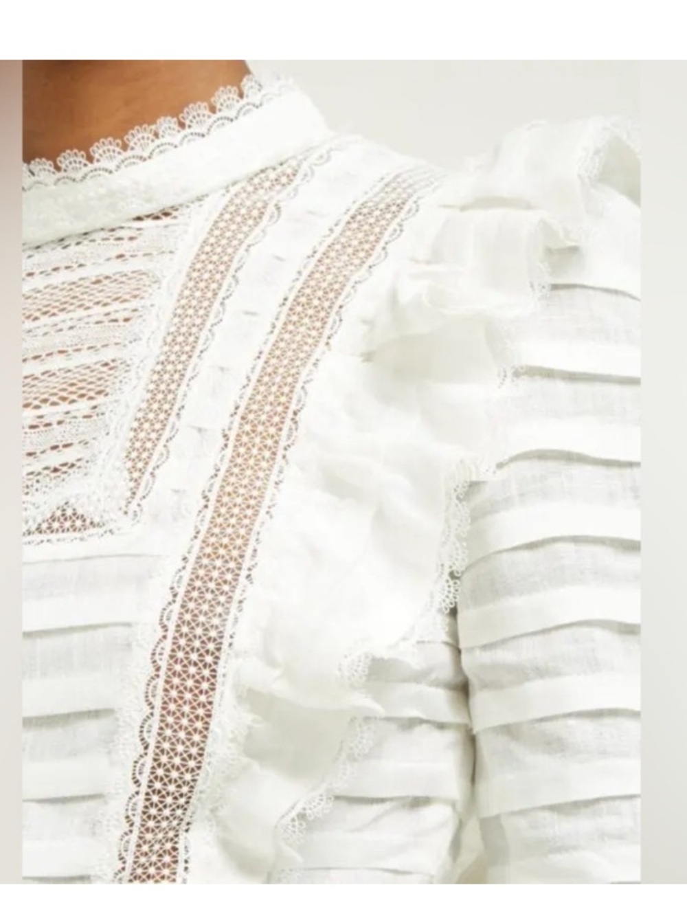 Zimmerman Allia Pintuck High Neck Linen Top Ivory Size 1 US 6 Ruffle Lace Luxury - Picture 3 of 16